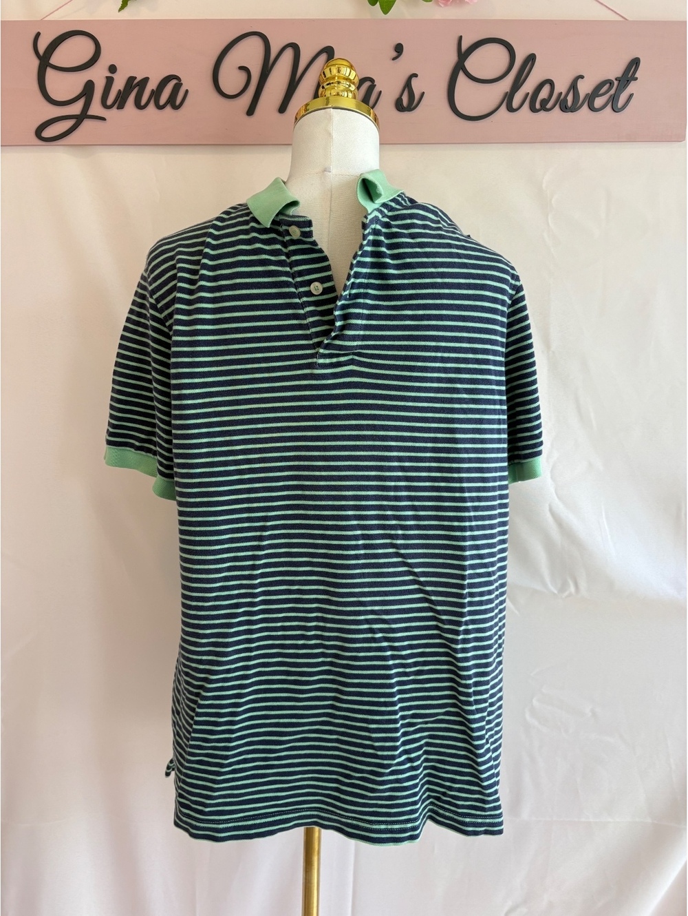 Men's Merona Striped Polo Shirt Size L/G Navy and Green